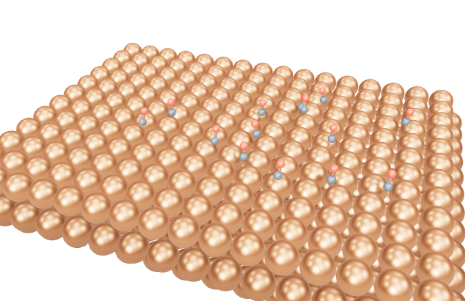 Static view of a copper surface and adsorbed molecules